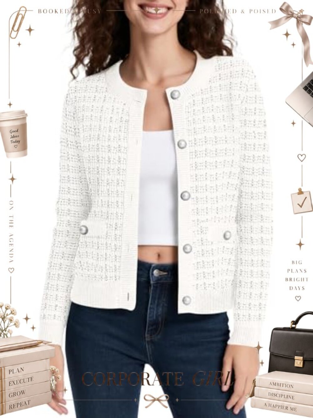 Cropped Knit Cardigan Sweater Button Down Pearl Metal Buttons